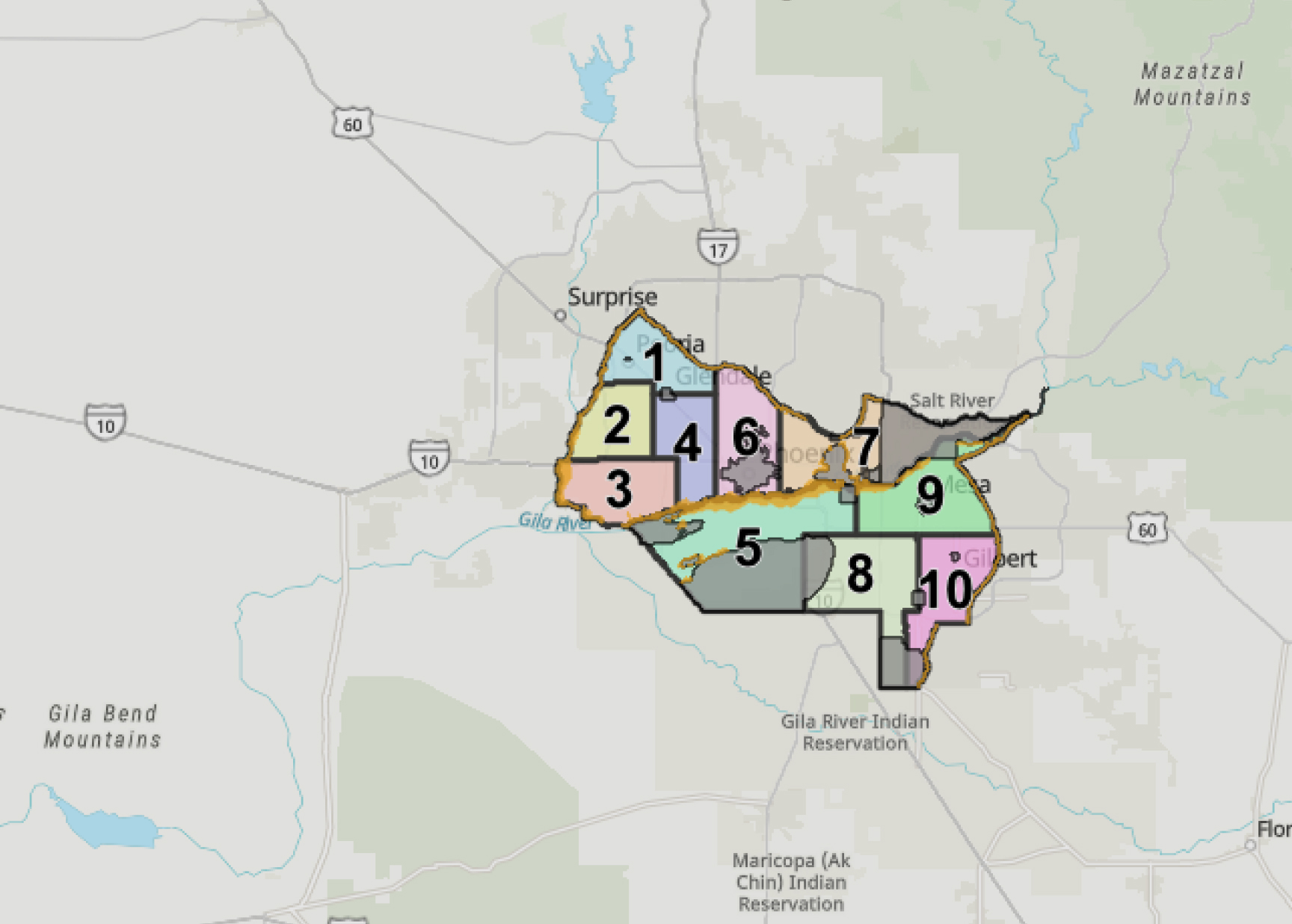 SRP voting districts map showing numbered districts 1-10 in the Phoenix Valley area